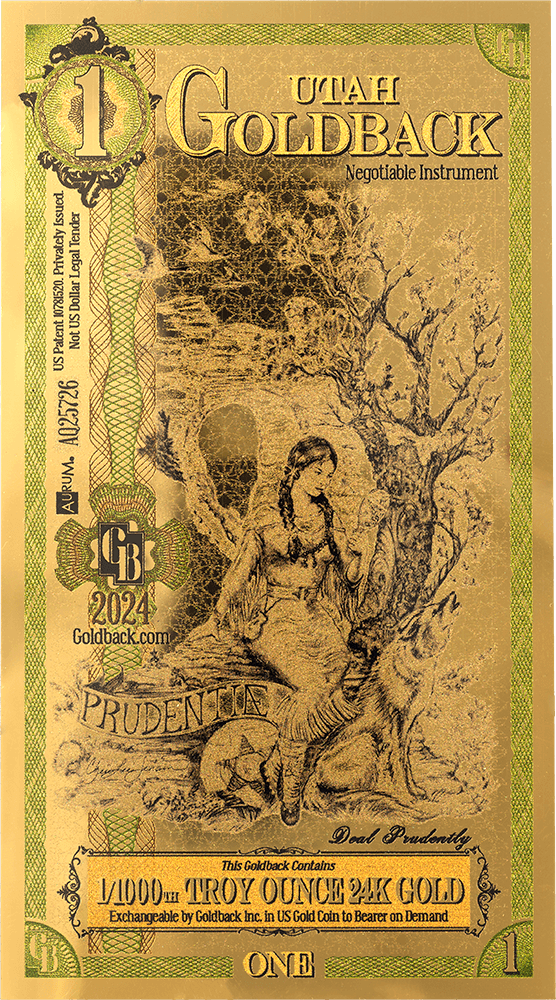 Front of the 1 Utah Goldback featuring Prudence