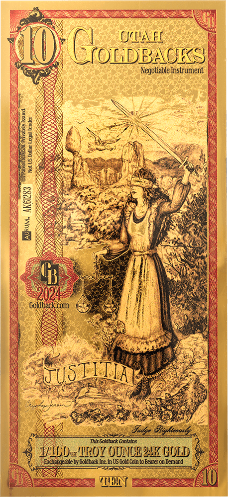 Front of the 10 Utah Goldback featuring Justice